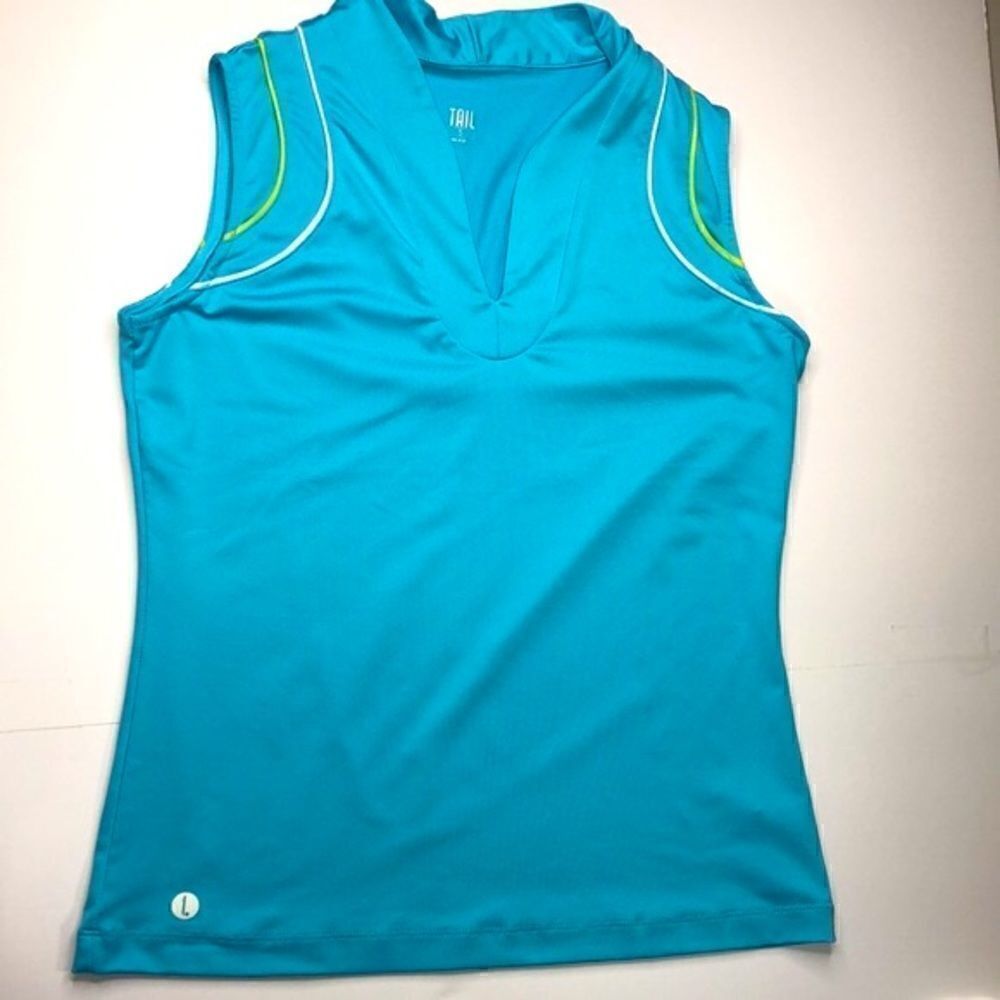 TAIL Sleeveless Athletic Workout  Top, Turquoise with Green White Edging, SZ (S)